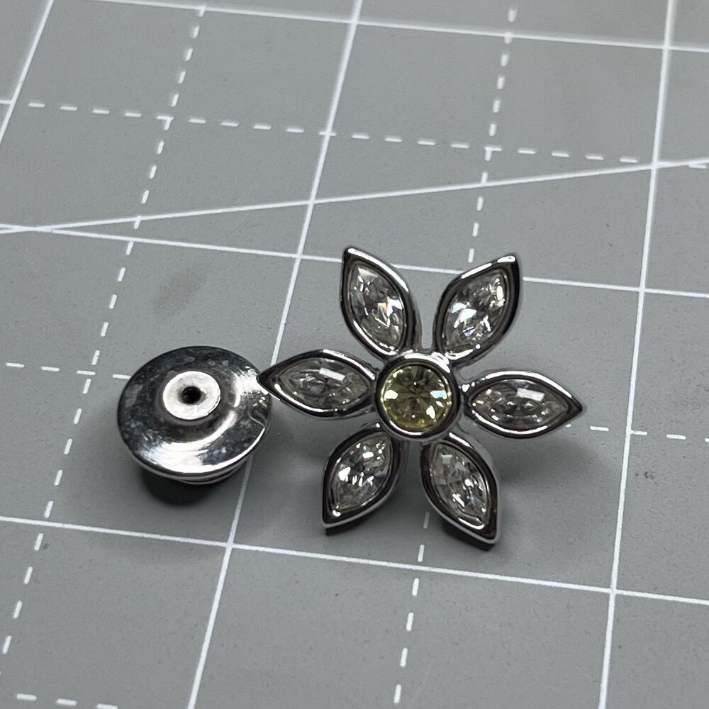 Vintage Flower Brooch Pin Silver Tone Marquise Cut Clear Rhinestones Yellow